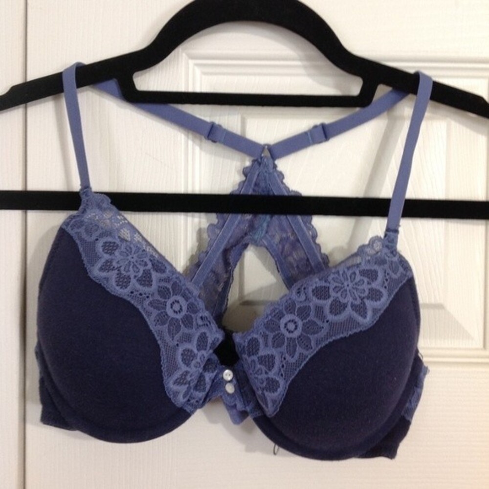 AERIE Size 34A Blue Lace Racerback Bra Keyhole Lined Adjustable Full Coverage